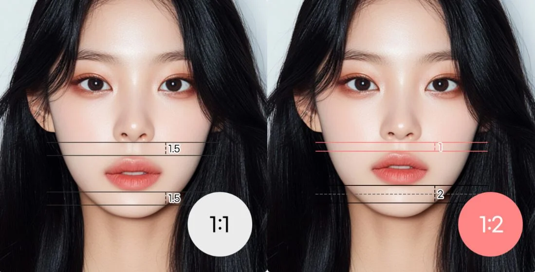 Philtrum 1:1 vs 1:2 golden ratio comparison